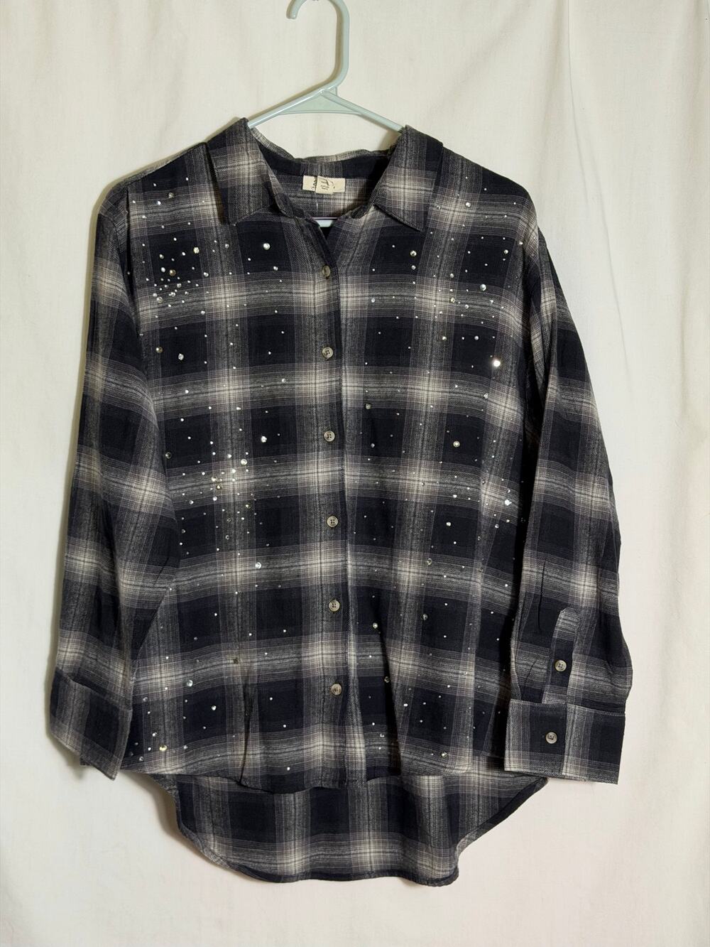 ANA Embellished Plaid Button Up Shirt Petite Small Gray Cotton Rhinestone Top